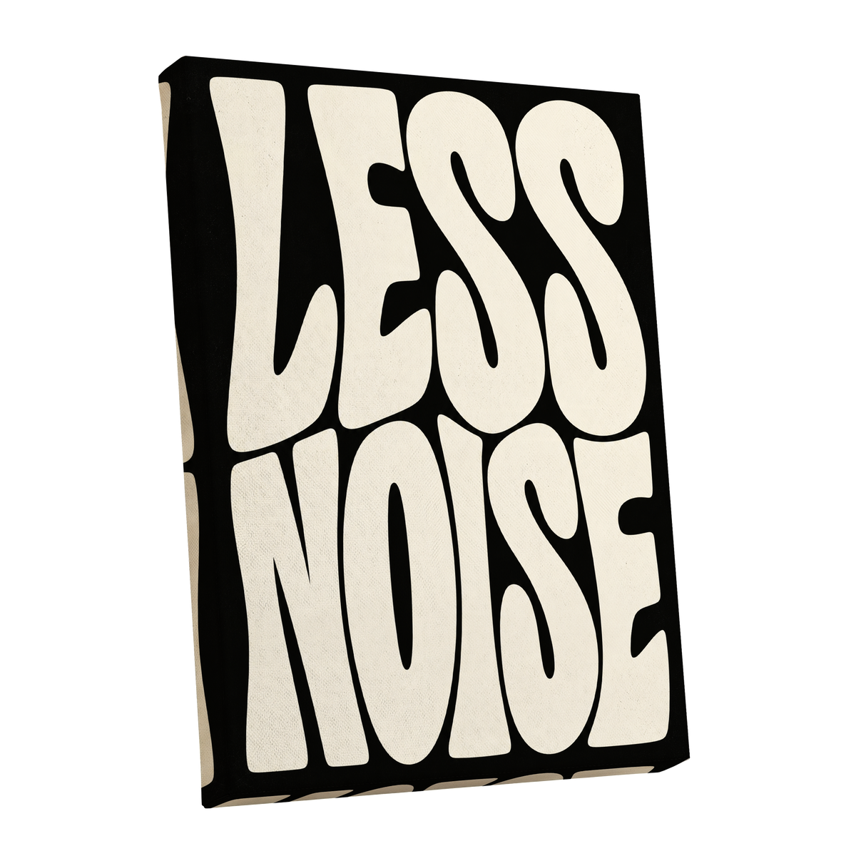 Less Noise, black, beige minimalist wall art shown as a stretched canvas wall art