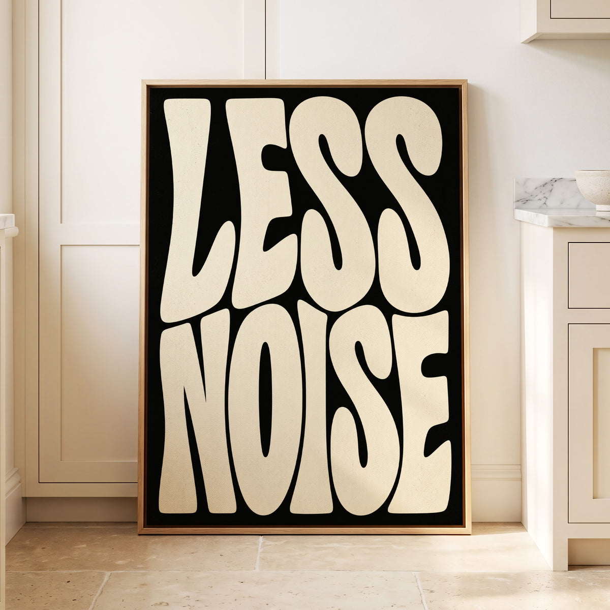 Less Noise, black, beige minimalist wall art displayed in a styled interior, gallery view 1
