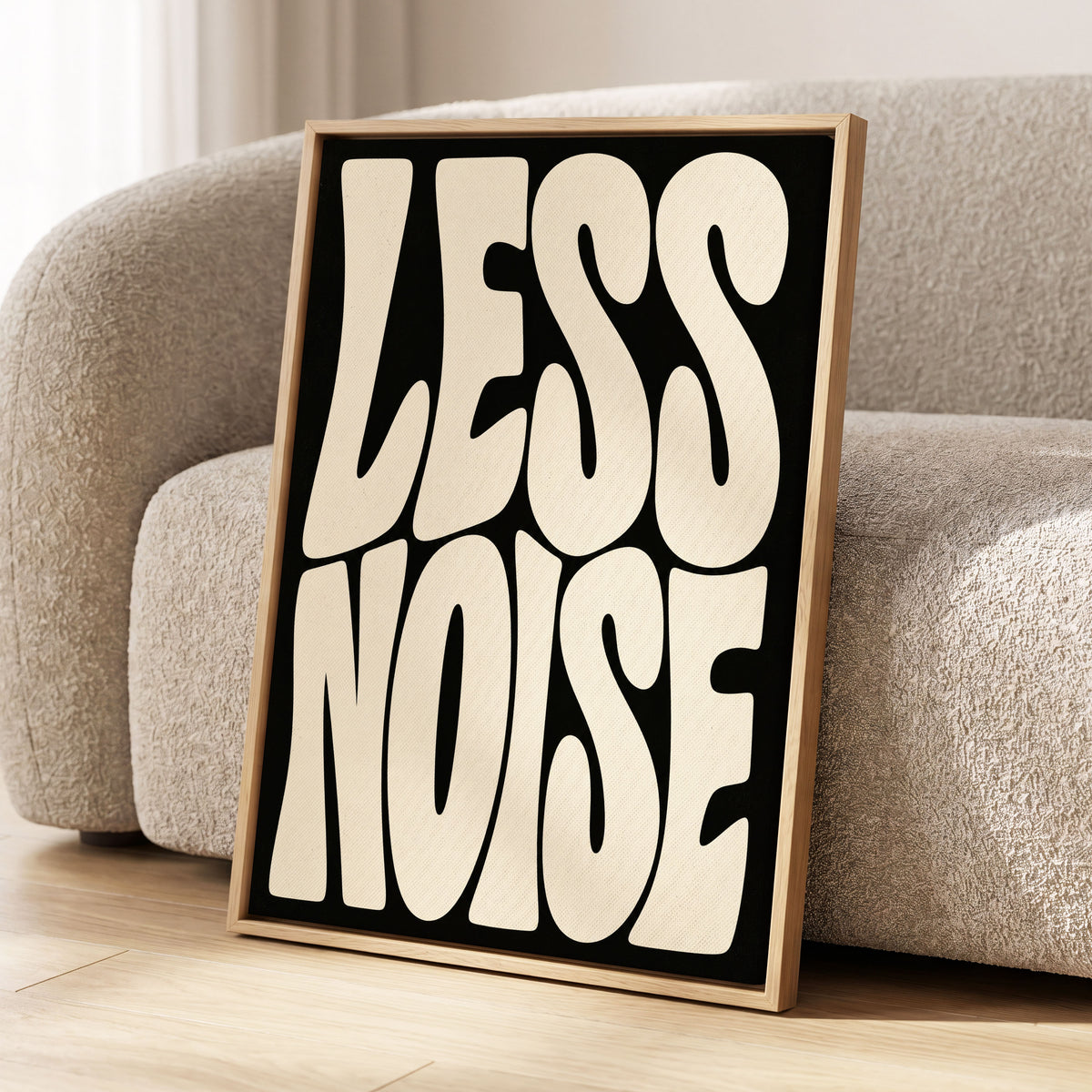 Less Noise, black, beige minimalist wall art displayed in a styled interior, gallery view 2