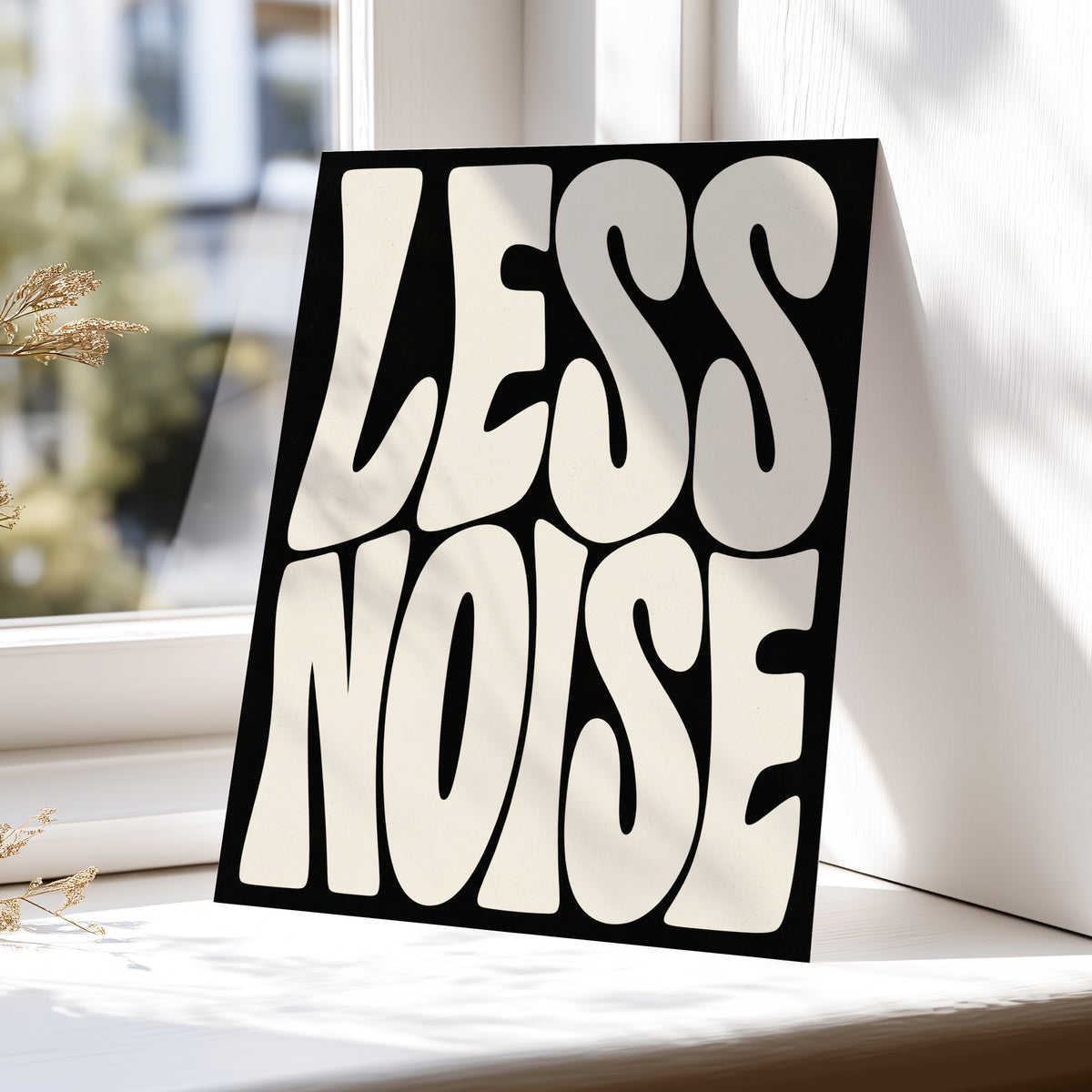 Less Noise, black, beige minimalist wall art displayed in a styled interior, gallery view 5