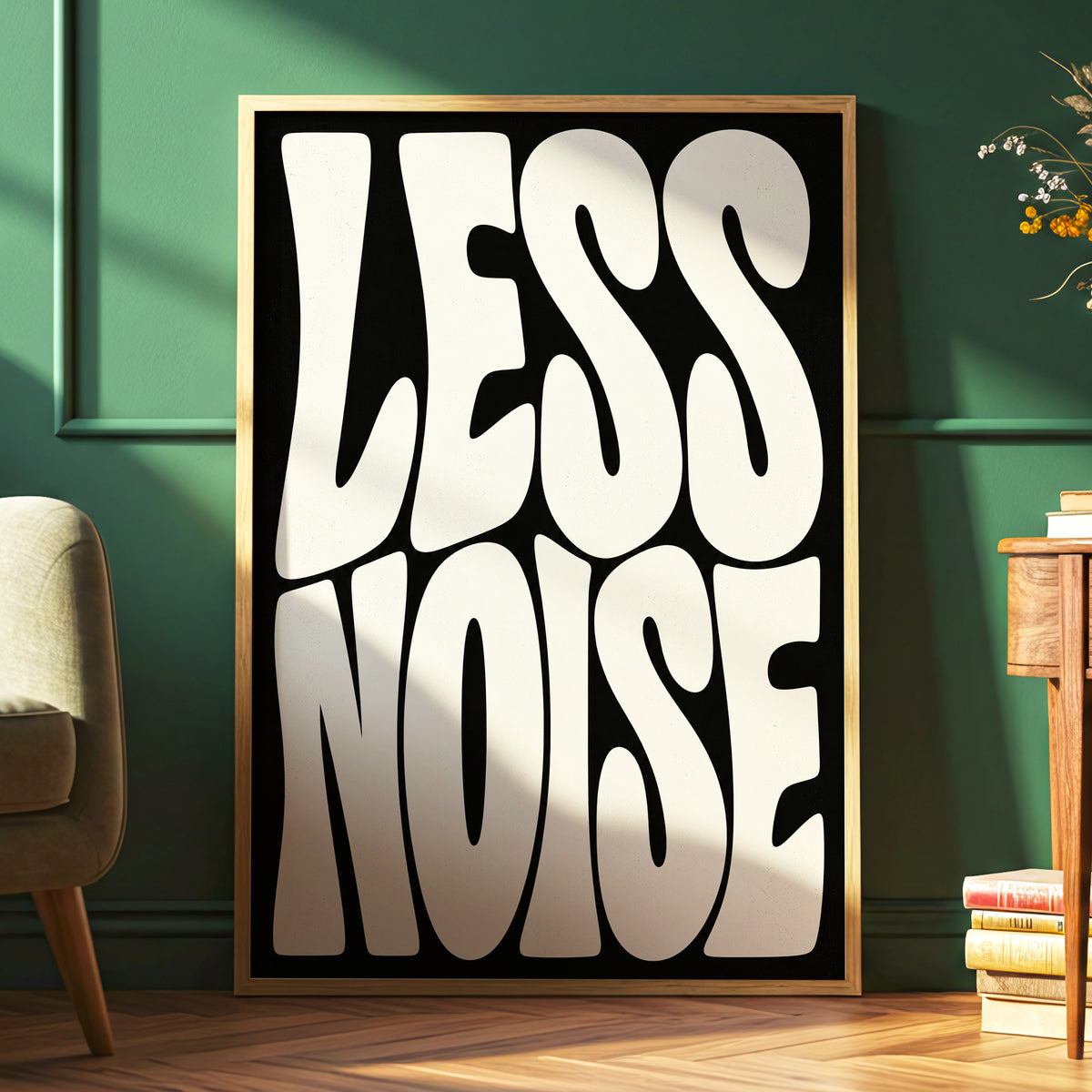 Less Noise, black, beige minimalist wall art displayed in a styled interior, gallery view 6