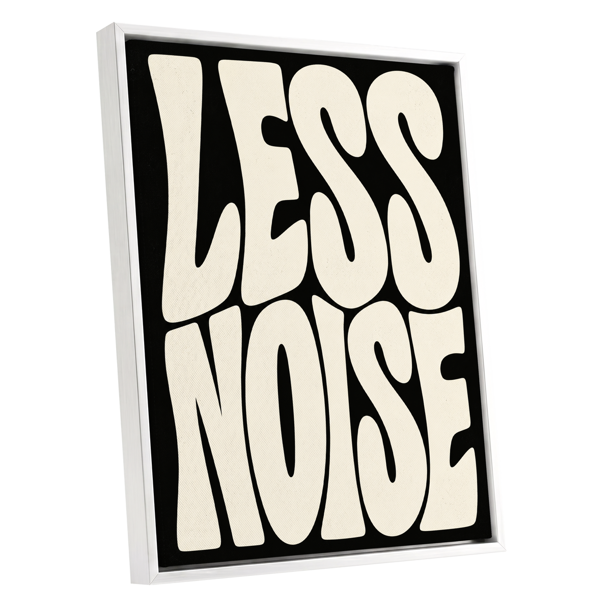 Less Noise, black, beige minimalist wall art shown as a white framed canvas wall art
