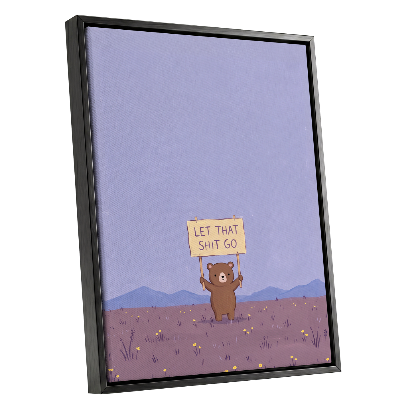 Let It Go, Little Bear, purple, blue, brown minimalist wall art shown as a black framed canvas wall art