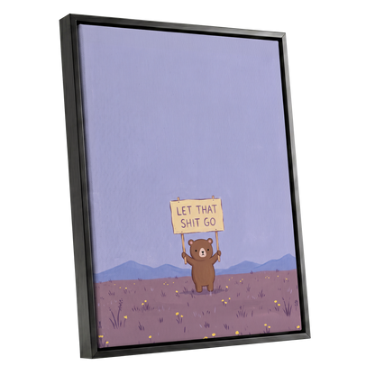 Let It Go, Little Bear, purple, blue, brown minimalist wall art shown as a black framed canvas wall art