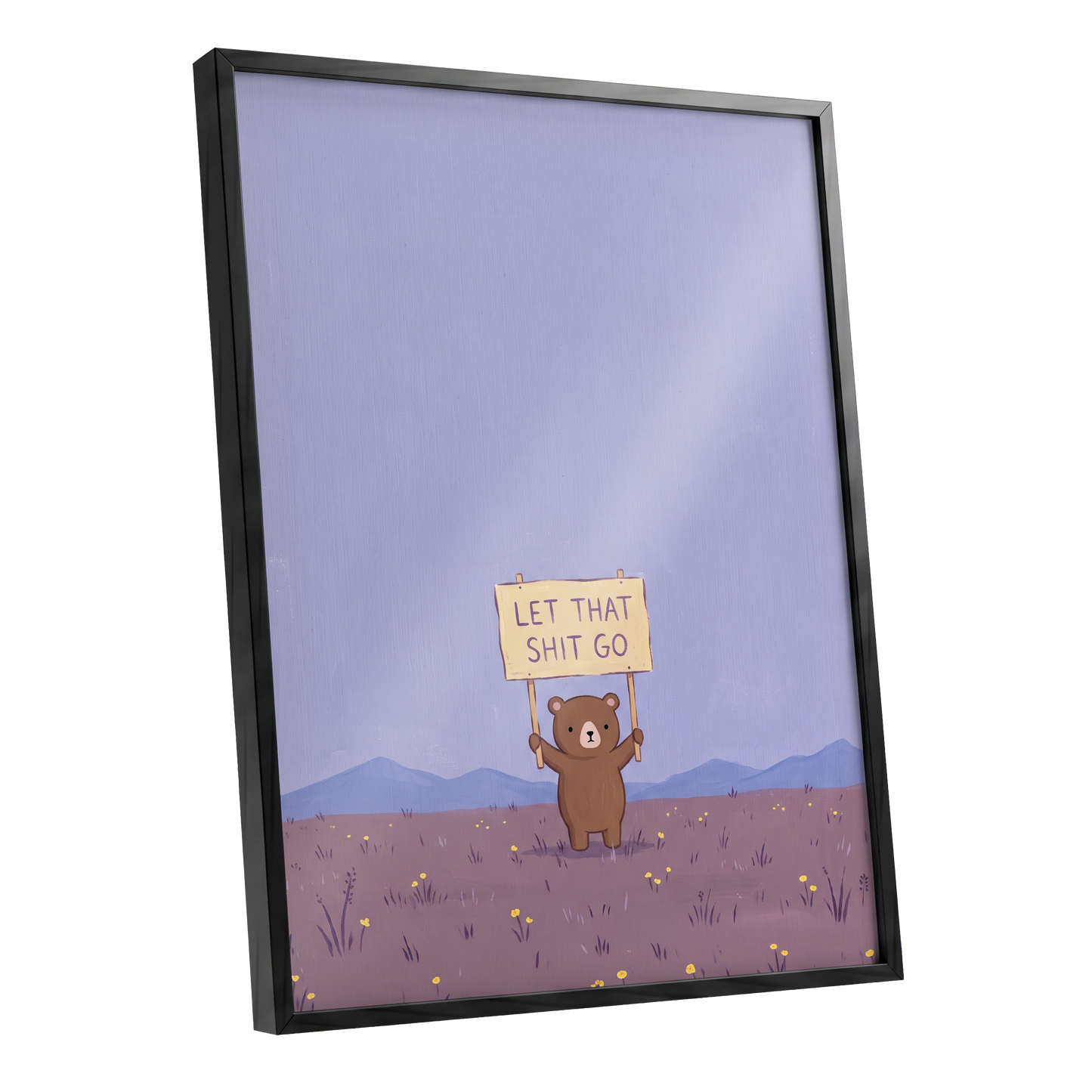 Let It Go, Little Bear, purple, blue, brown minimalist wall art shown as a black framed poster wall art print