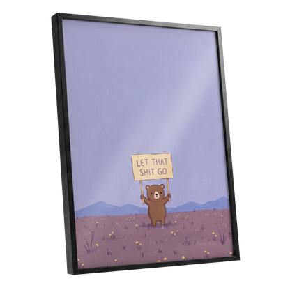 Let It Go, Little Bear, purple, blue, brown minimalist wall art shown as a black framed poster wall art print
