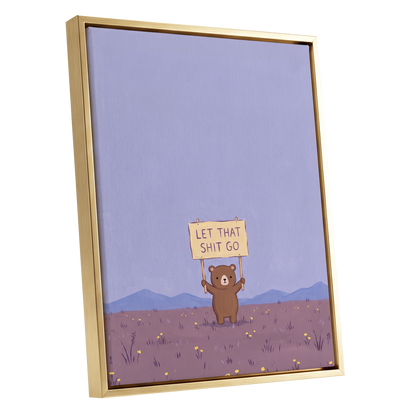 Let It Go, Little Bear, purple, blue, brown minimalist wall art shown as a gold framed canvas wall art