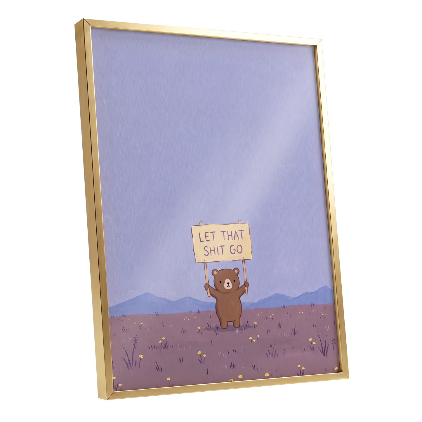 Let It Go, Little Bear, purple, blue, brown minimalist wall art shown as a gold framed poster wall art print
