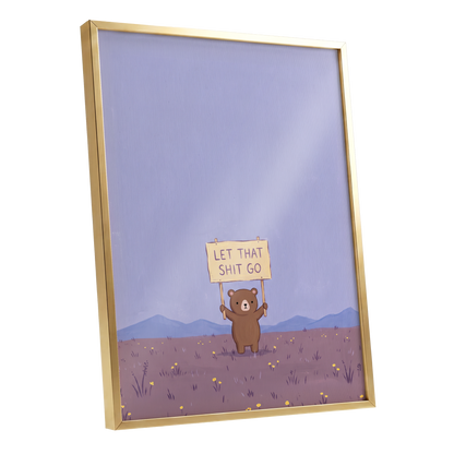 Let It Go, Little Bear, purple, blue, brown minimalist wall art shown as a gold framed poster wall art print