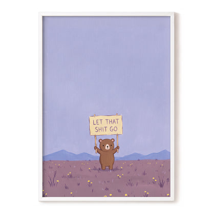Let It Go, Little Bear, purple, blue, brown minimalist wall art, front artwork view
