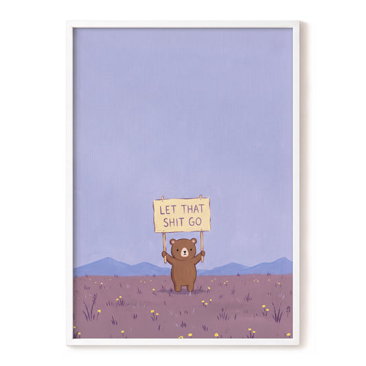 Let It Go, Little Bear, purple, blue, brown minimalist wall art, front artwork view