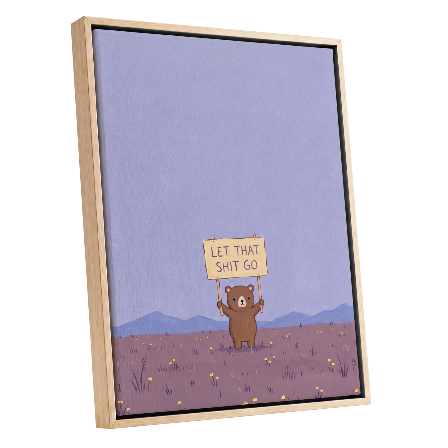 Let It Go, Little Bear, purple, blue, brown minimalist wall art shown as a oak framed canvas wall art