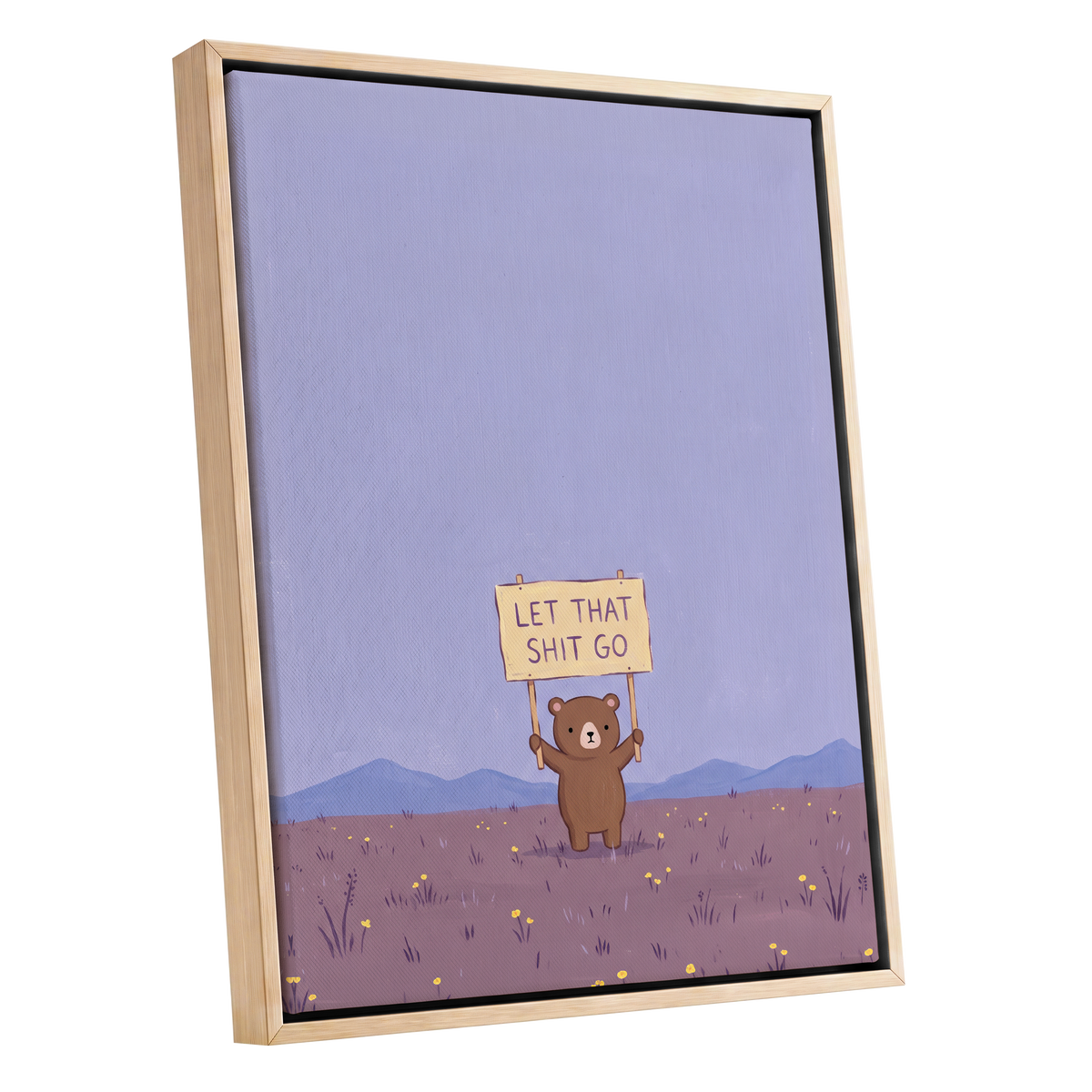 Let It Go, Little Bear, purple, blue, brown minimalist wall art shown as a oak framed canvas wall art