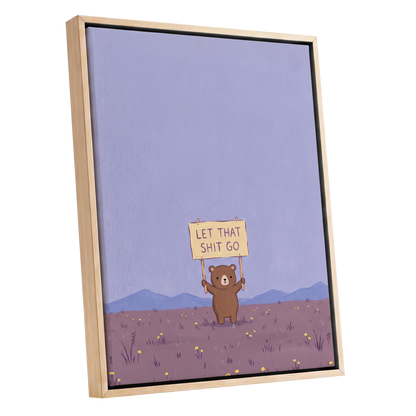 Let It Go, Little Bear, purple, blue, brown minimalist wall art shown as a oak framed canvas wall art