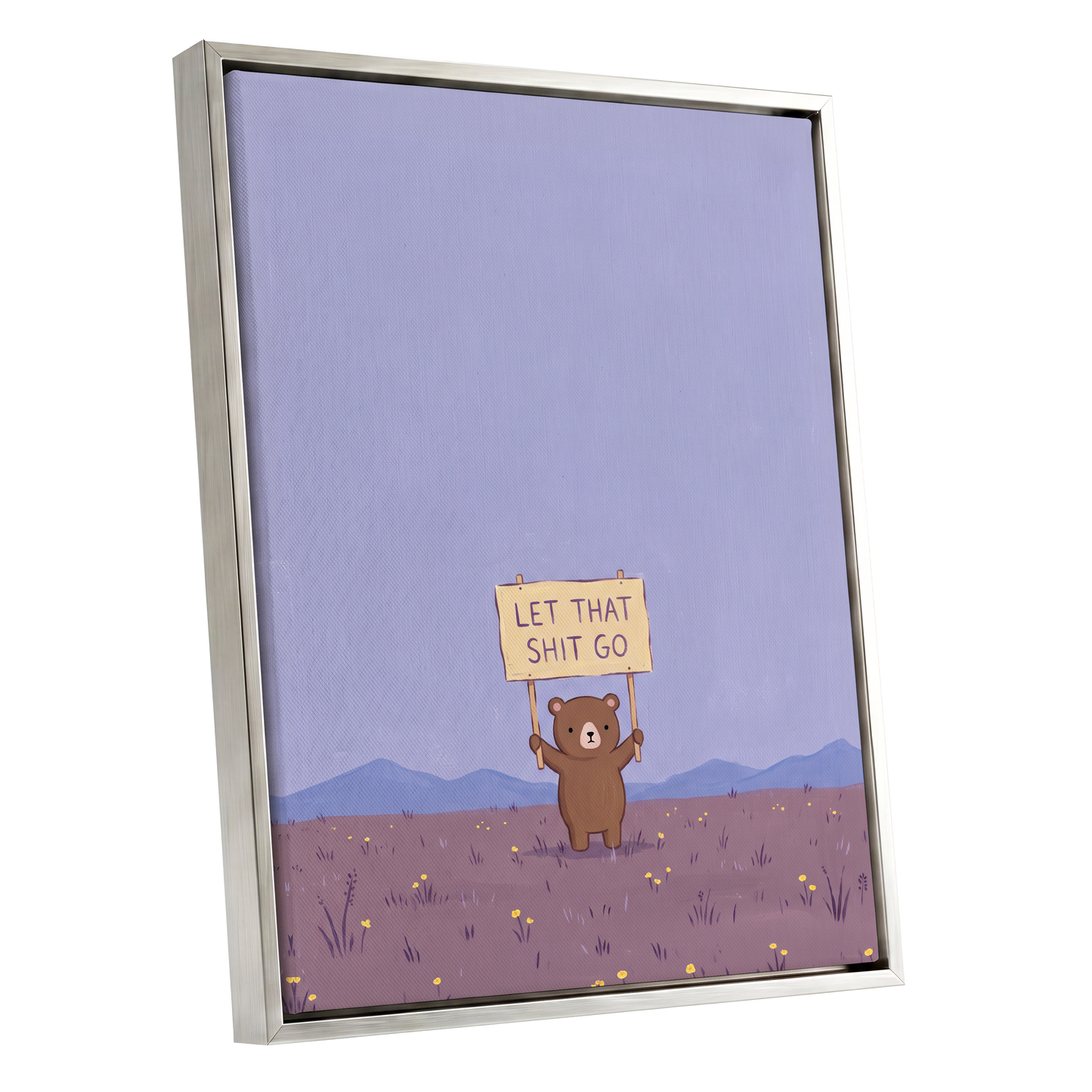 Let It Go, Little Bear, purple, blue, brown minimalist wall art shown as a silver framed canvas wall art