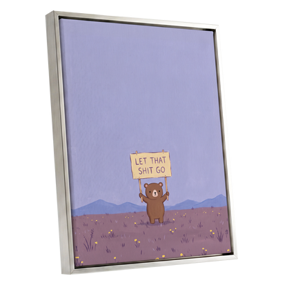 Let It Go, Little Bear, purple, blue, brown minimalist wall art shown as a silver framed canvas wall art