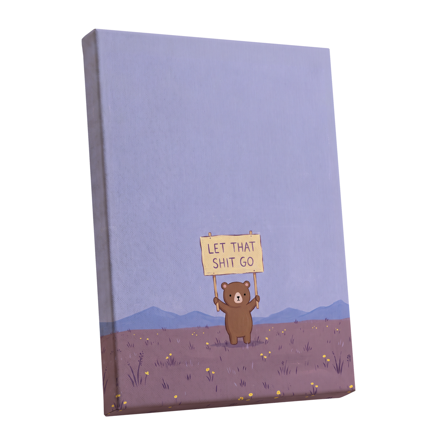 Let It Go, Little Bear, purple, blue, brown minimalist wall art shown as a stretched canvas wall art