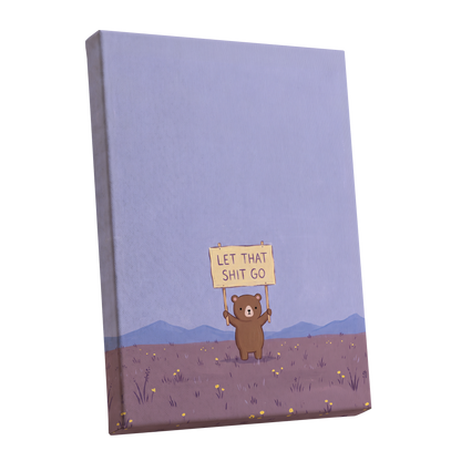Let It Go, Little Bear, purple, blue, brown minimalist wall art shown as a stretched canvas wall art