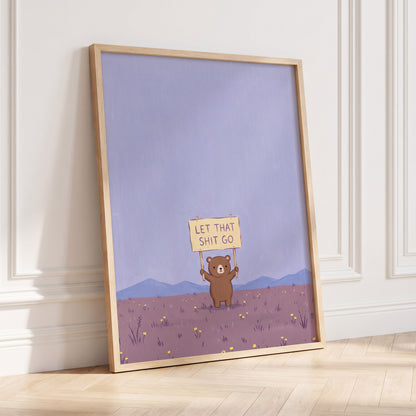 Let It Go, Little Bear, purple, blue, brown minimalist wall art displayed in a styled interior, gallery view 2