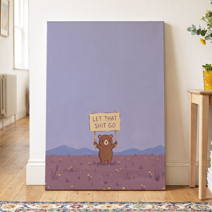 Let It Go, Little Bear, purple, blue, brown minimalist wall art displayed in a styled interior, gallery view 3