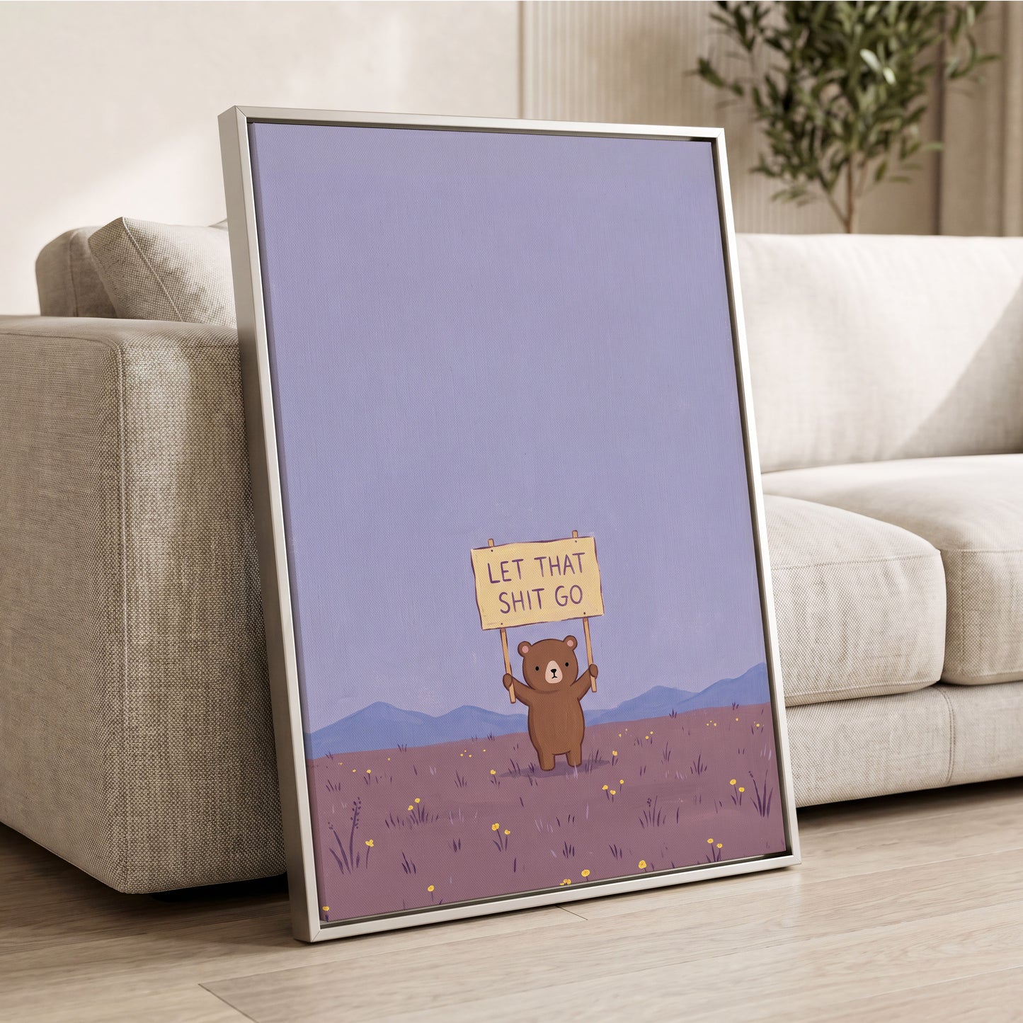Let It Go, Little Bear, purple, blue, brown minimalist wall art displayed in a styled interior, gallery view 4
