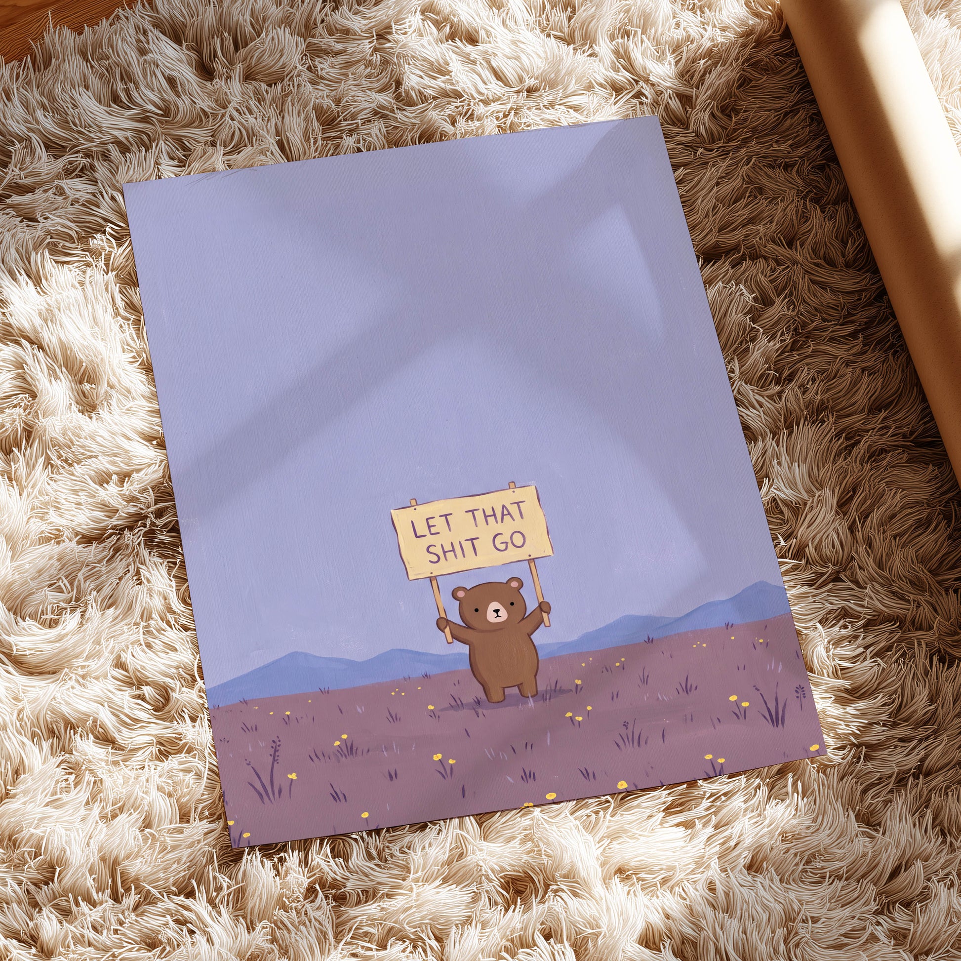 Let It Go, Little Bear, purple, blue, brown minimalist wall art displayed in a styled interior, gallery view 5