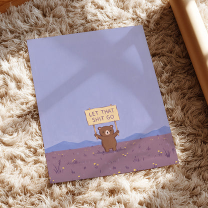Let It Go, Little Bear, purple, blue, brown minimalist wall art displayed in a styled interior, gallery view 5