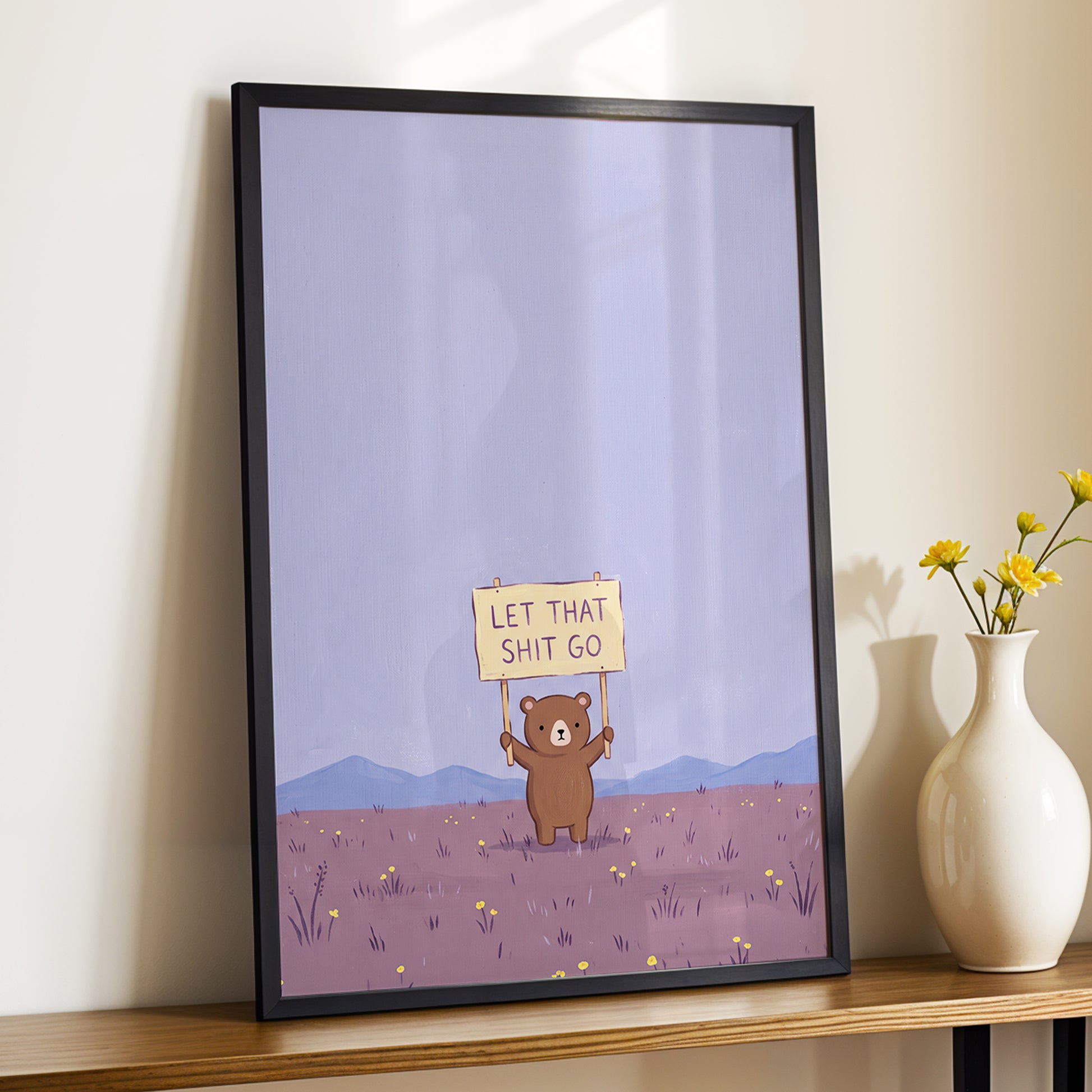 Let It Go, Little Bear, purple, blue, brown minimalist wall art displayed in a styled interior, gallery view 6