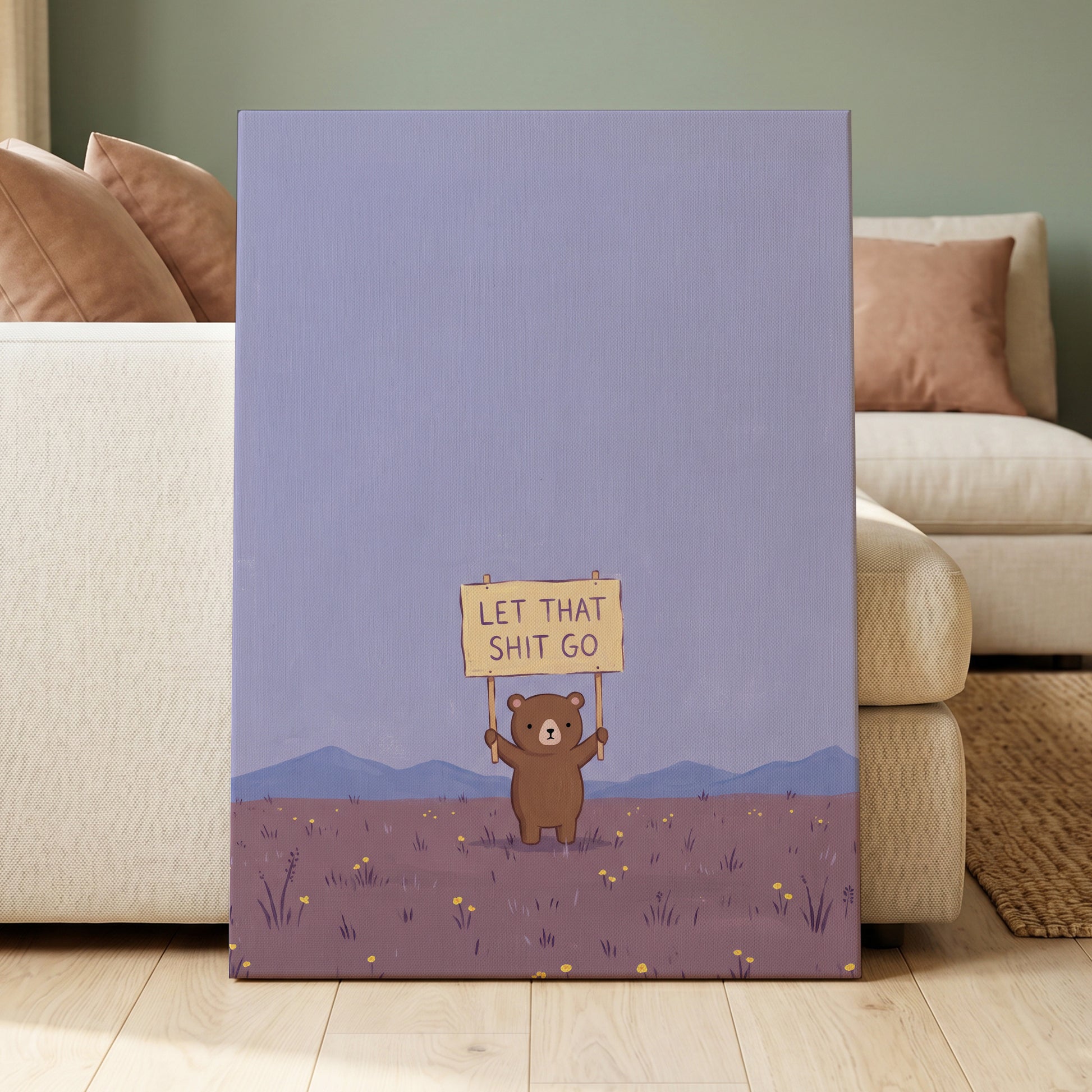 Let It Go, Little Bear, purple, blue, brown minimalist wall art displayed in a styled interior, gallery view 7
