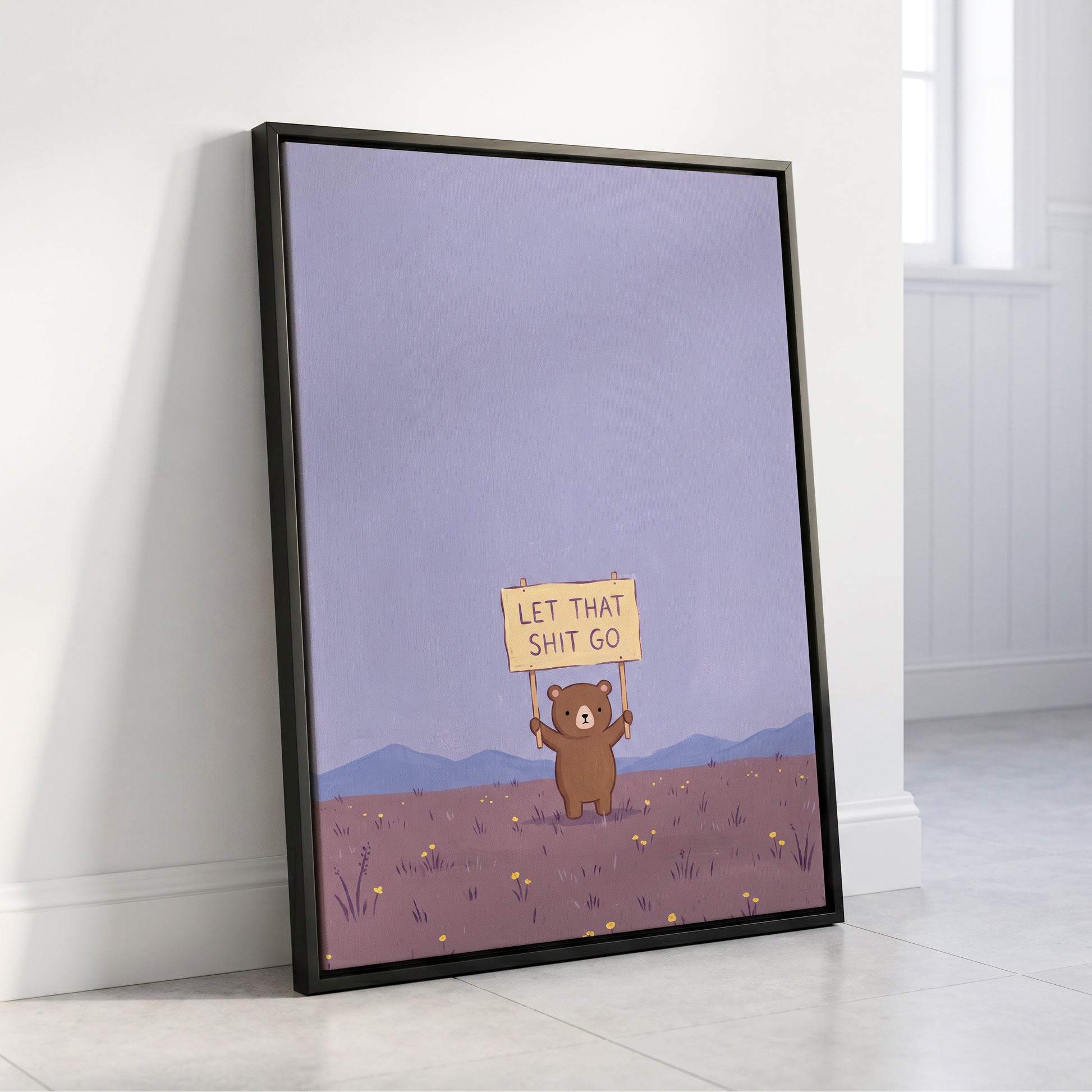 Let It Go, Little Bear, purple, blue, brown minimalist wall art displayed in a styled interior, gallery view 8