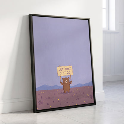 Let It Go, Little Bear, purple, blue, brown minimalist wall art displayed in a styled interior, gallery view 8