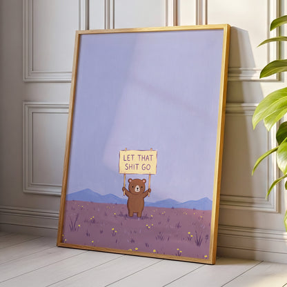 Let It Go, Little Bear, purple, blue, brown minimalist wall art displayed in a styled interior, gallery view 9