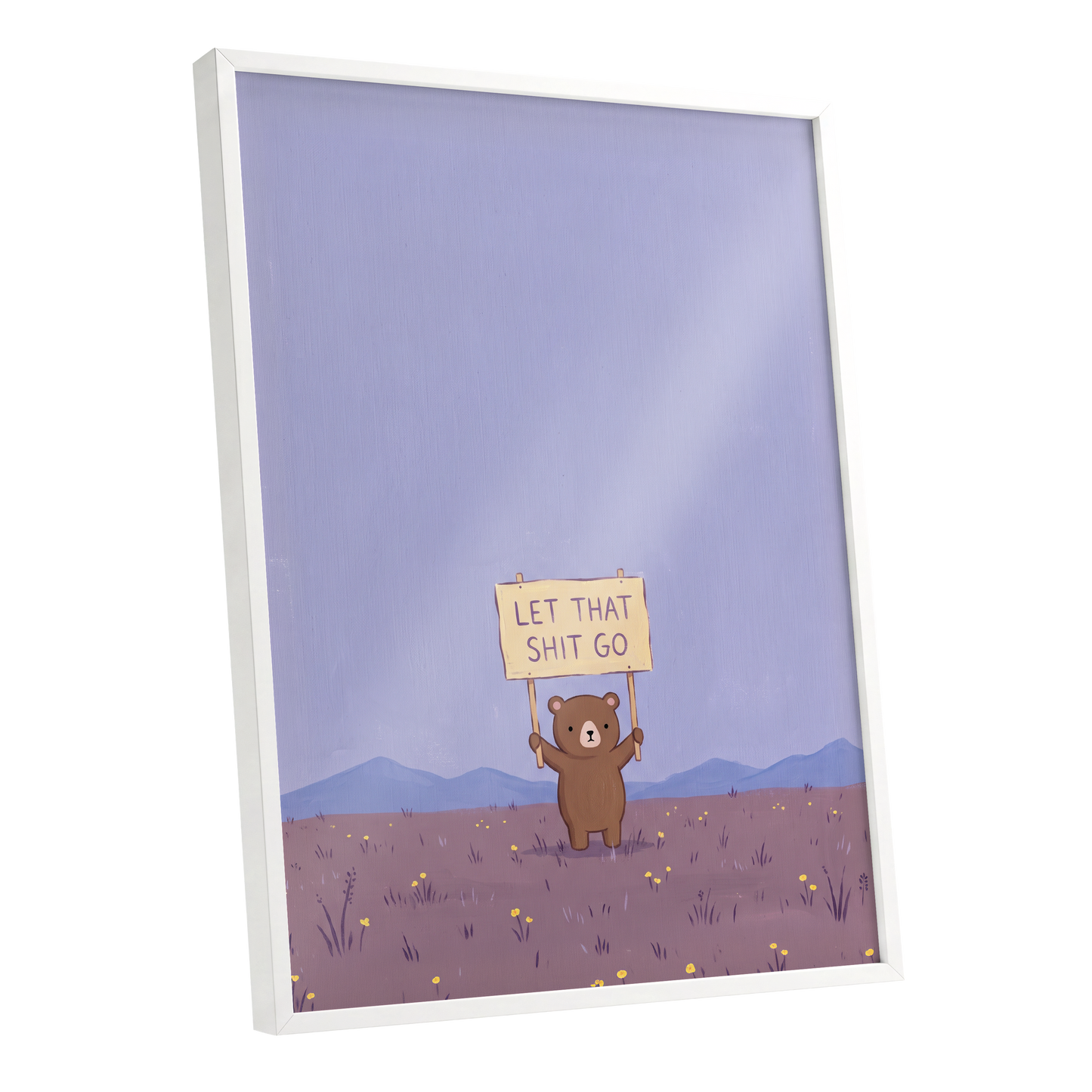 Let It Go, Little Bear, purple, blue, brown minimalist wall art shown as a white framed poster wall art print