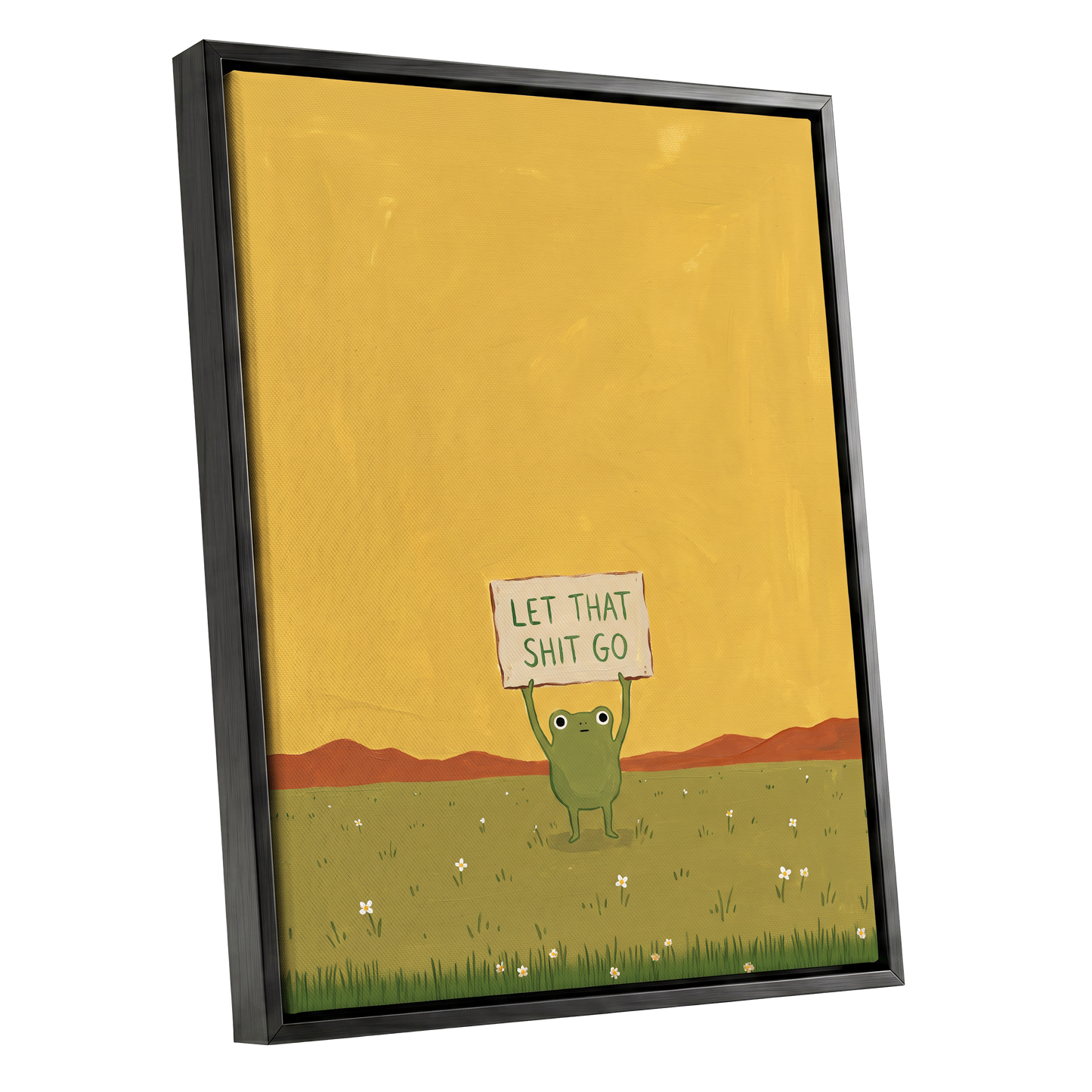 Let It Go, Little Frog, yellow, green, brown nature wall art shown as a black framed canvas wall art