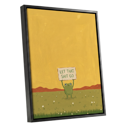 Let It Go, Little Frog, yellow, green, brown nature wall art shown as a black framed canvas wall art