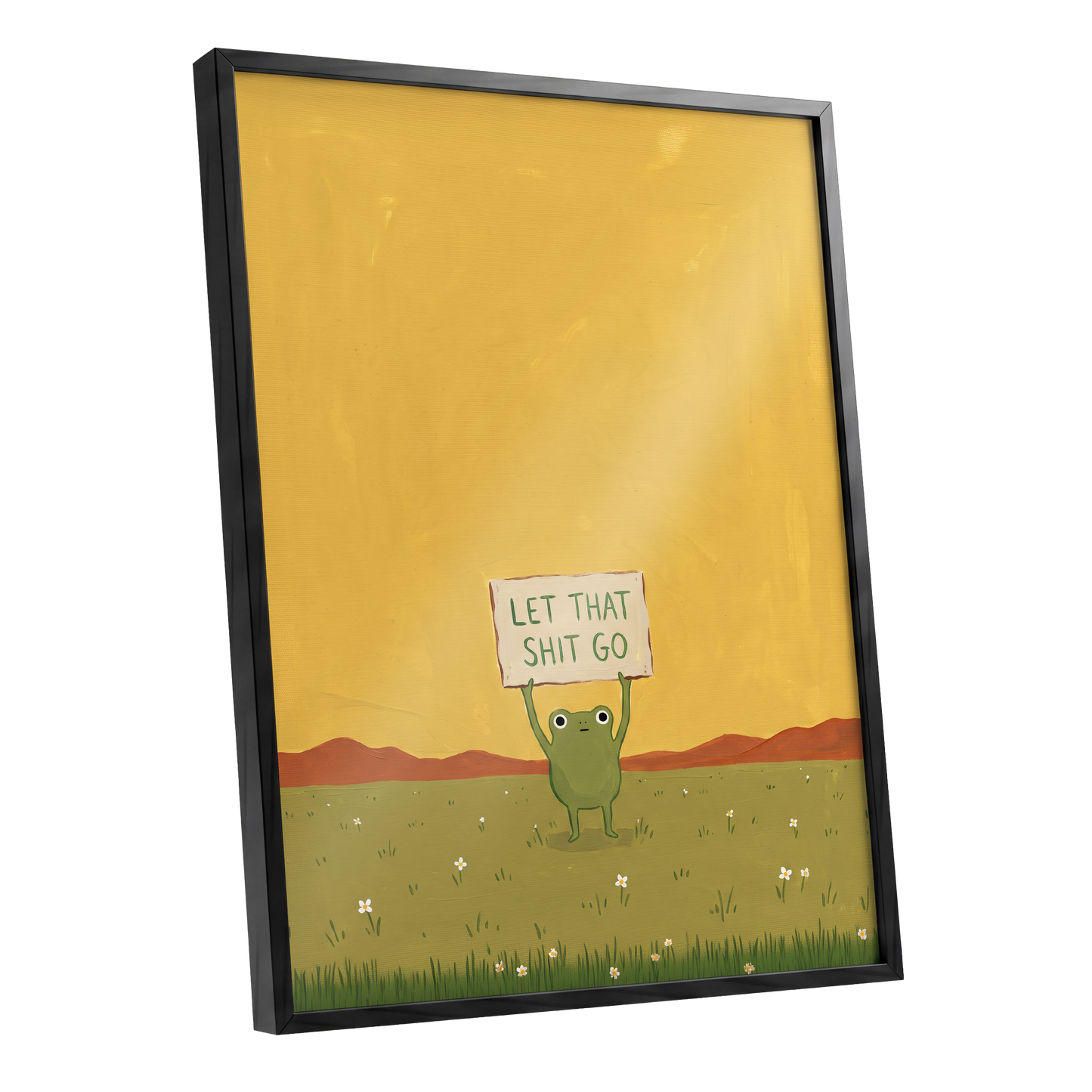 Let It Go, Little Frog, yellow, green, brown nature wall art shown as a black framed poster wall art print