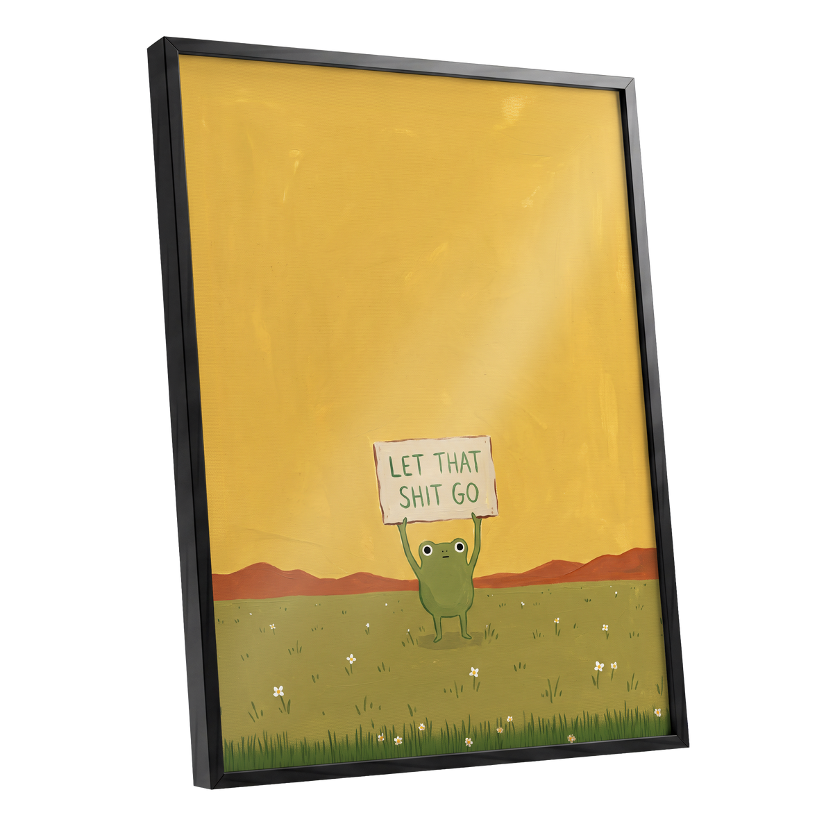 Let It Go, Little Frog, yellow, green, brown nature wall art shown as a black framed poster wall art print