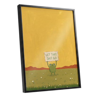 Let It Go, Little Frog, yellow, green, brown nature wall art shown as a black framed poster wall art print