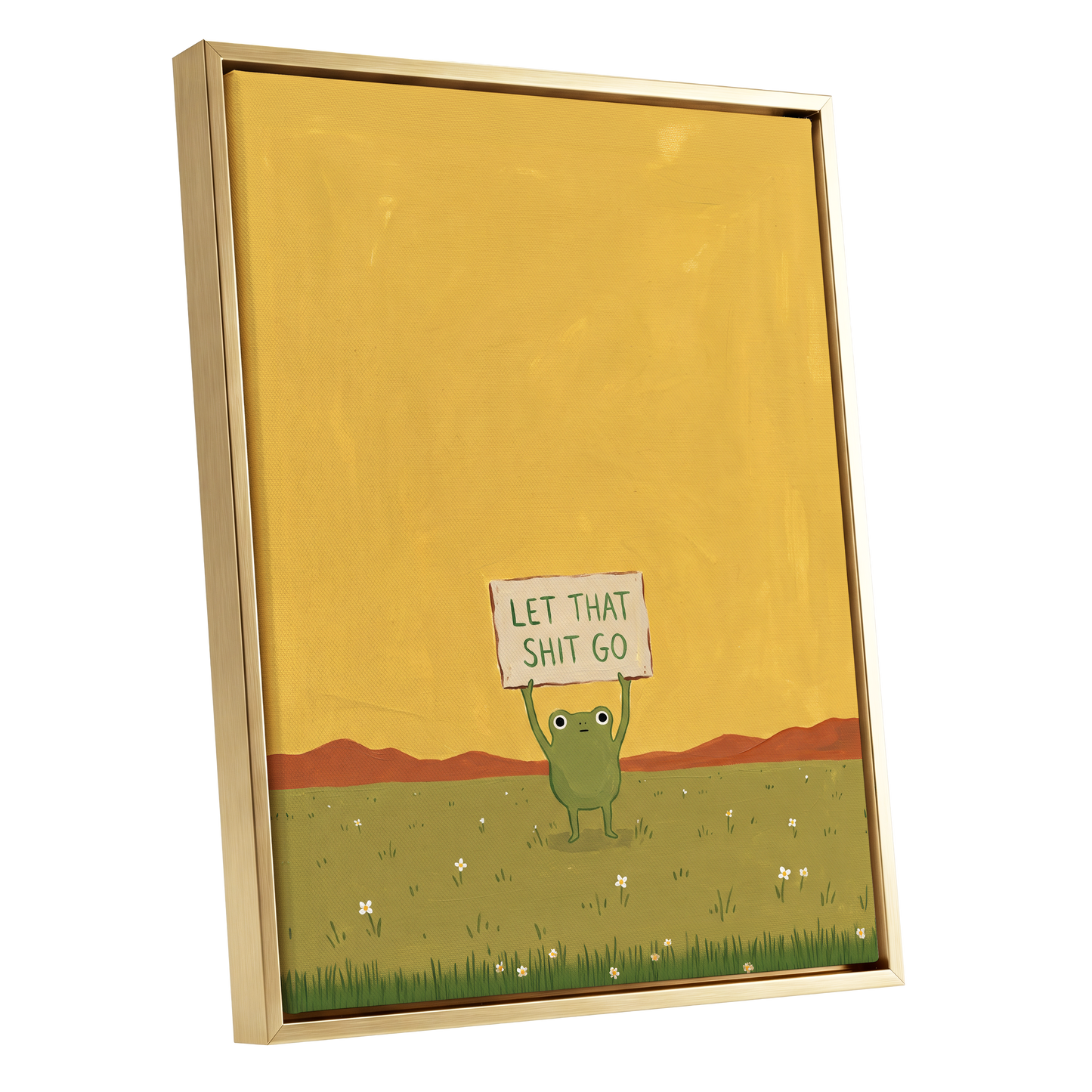 Let It Go, Little Frog, yellow, green, brown nature wall art shown as a gold framed canvas wall art