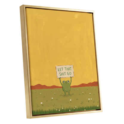 Let It Go, Little Frog, yellow, green, brown nature wall art shown as a gold framed canvas wall art