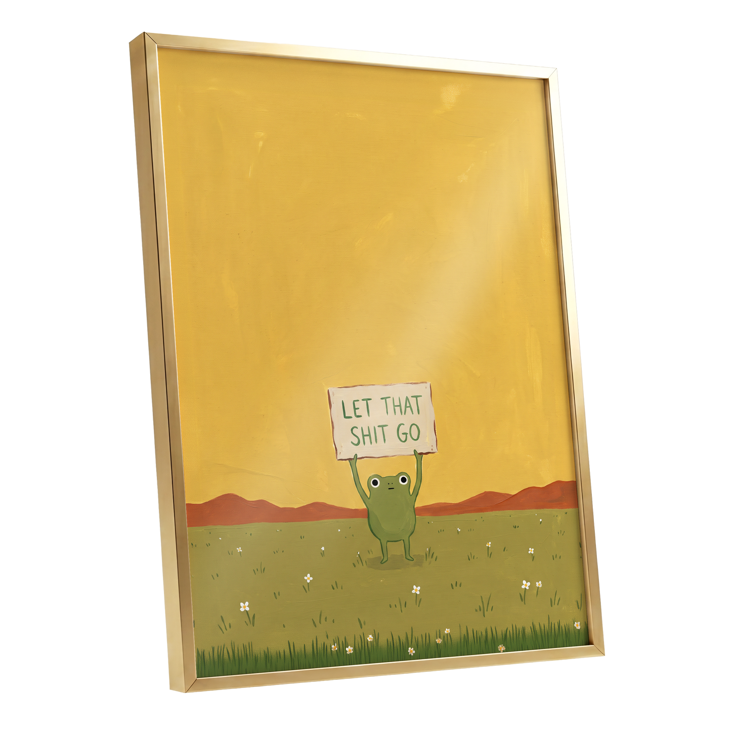 Let It Go, Little Frog, yellow, green, brown nature wall art shown as a gold framed poster wall art print
