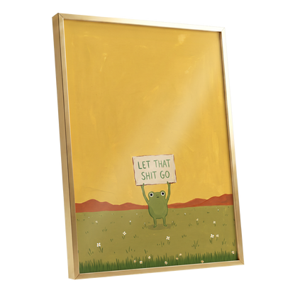 Let It Go, Little Frog, yellow, green, brown nature wall art shown as a gold framed poster wall art print