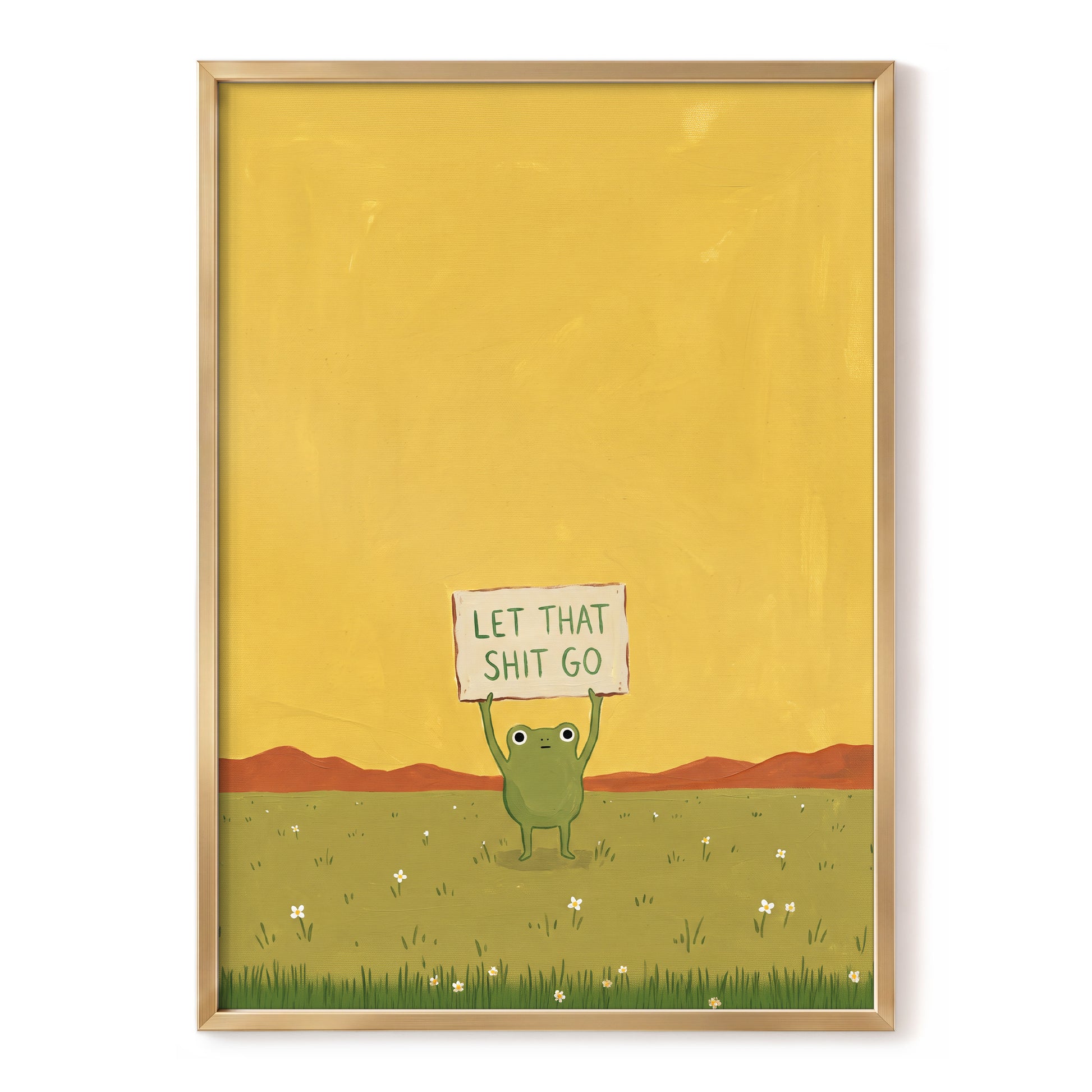 Let It Go, Little Frog, yellow, green, brown nature wall art, front artwork view