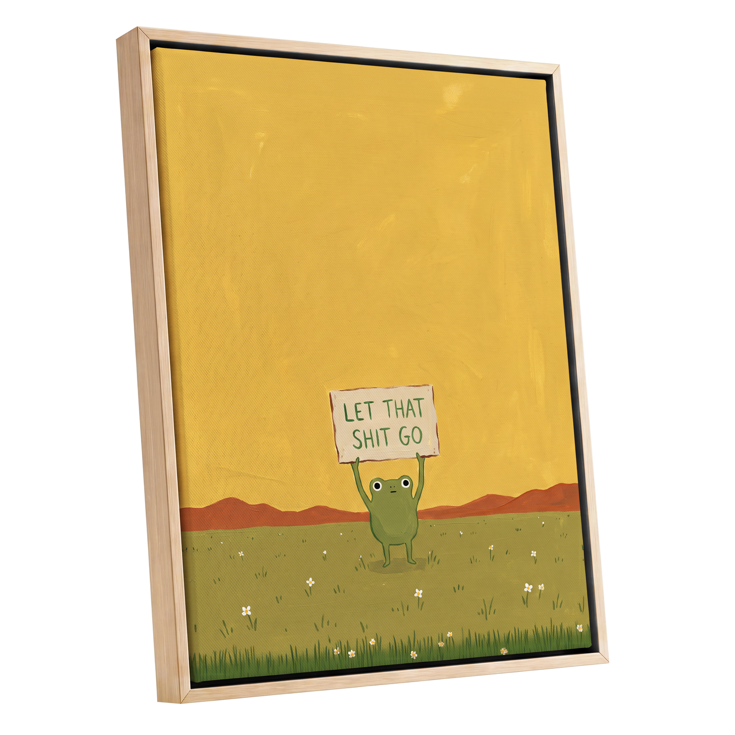 Let It Go, Little Frog, yellow, green, brown nature wall art shown as a oak framed canvas wall art