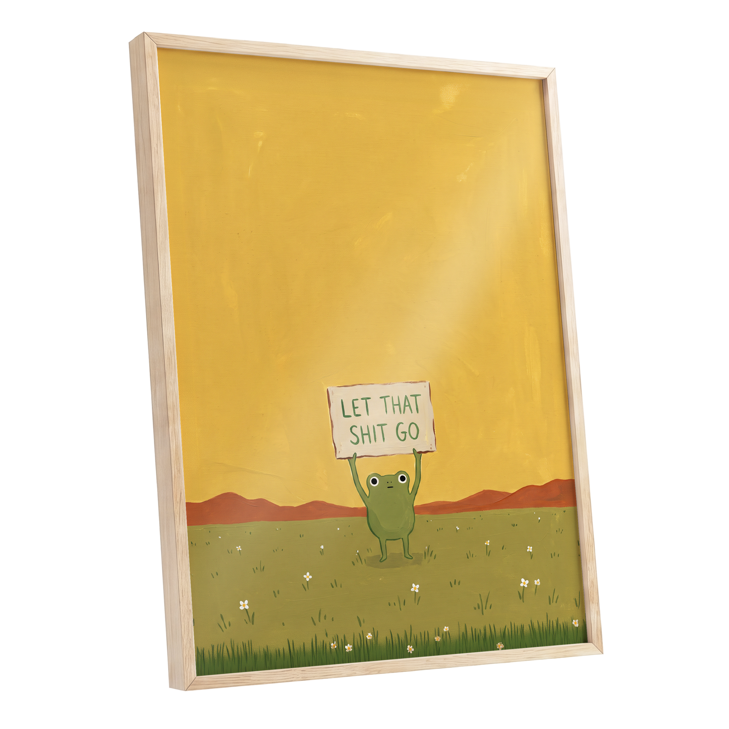 Let It Go, Little Frog, yellow, green, brown nature wall art shown as a oak framed poster wall art print