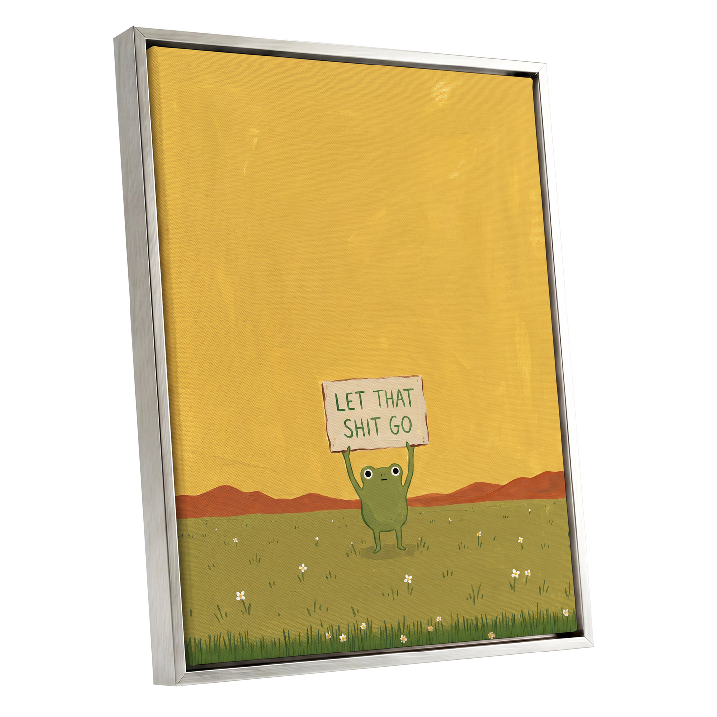 Let It Go, Little Frog, yellow, green, brown nature wall art shown as a silver framed canvas wall art
