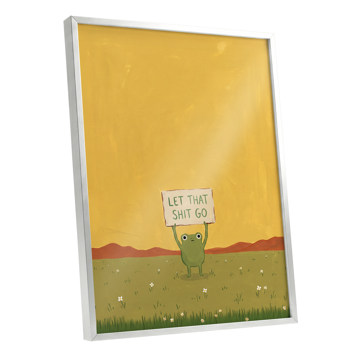Let It Go, Little Frog, yellow, green, brown nature wall art shown as a silver framed poster wall art print