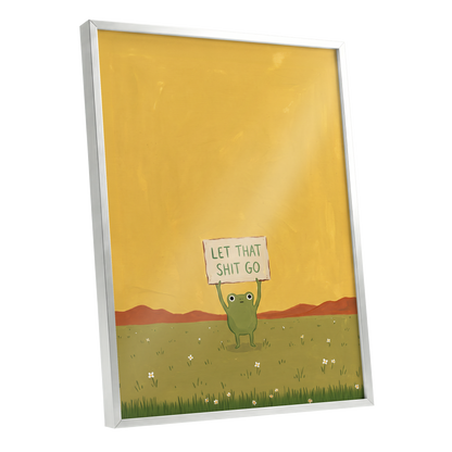 Let It Go, Little Frog, yellow, green, brown nature wall art shown as a silver framed poster wall art print