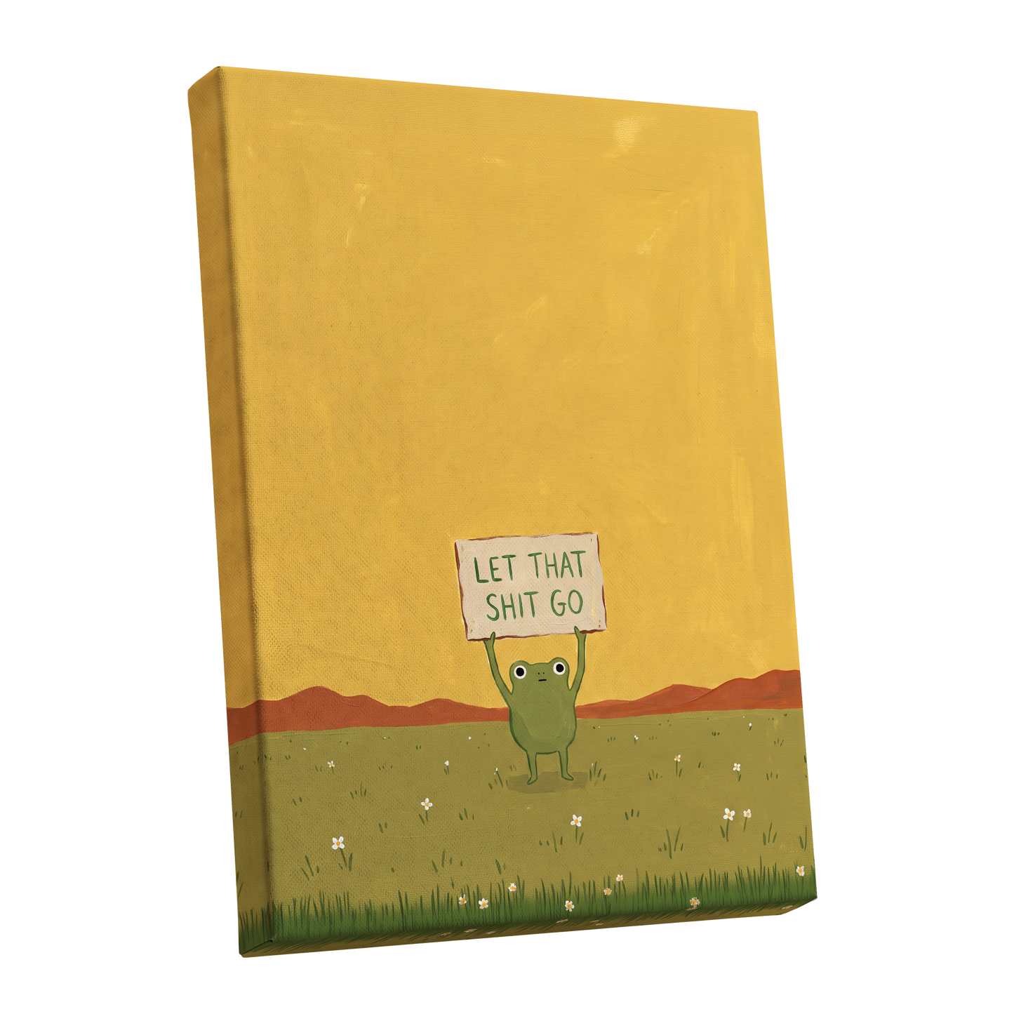 Let It Go, Little Frog, yellow, green, brown nature wall art shown as a stretched canvas wall art