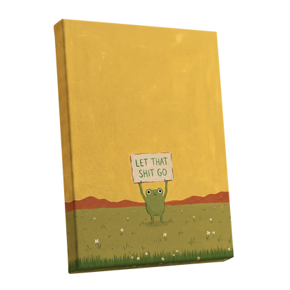 Let It Go, Little Frog, yellow, green, brown nature wall art shown as a stretched canvas wall art